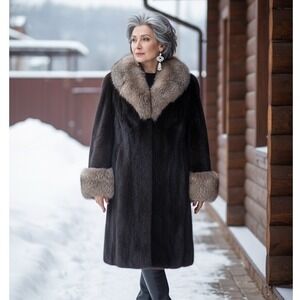Mahogany Mink Fur Coat with Fox Fur Oversized Collar 3/4 Length
